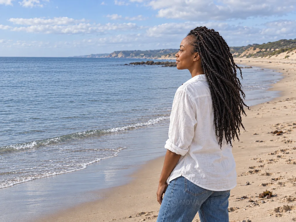 Alopécie de traction — ligne frontale Femme noire portant des tresses, de profil sur une plage.