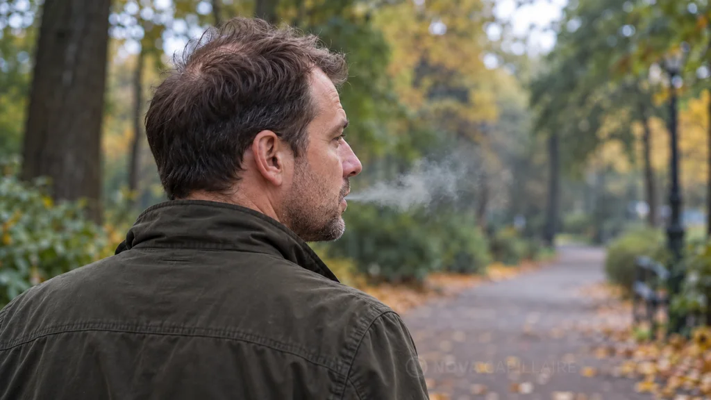 Tabac et chute de cheveux — homme dans un parc Homme de profil dans un parc, avec de la fumée devant le visage.