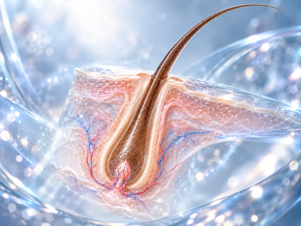 Follicule capillaire et tige du cheveu — NOVA Vue en coupe d’un follicule capillaire avec une tige continue et un bulbe à sa base.
