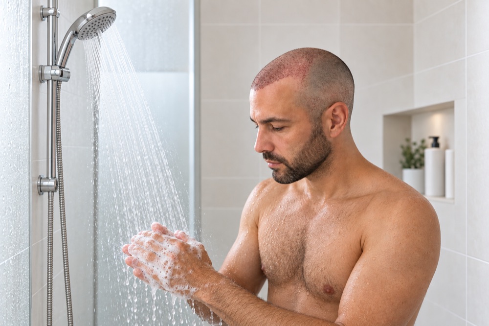 Illustration du shampoing après greffe : mains propres.