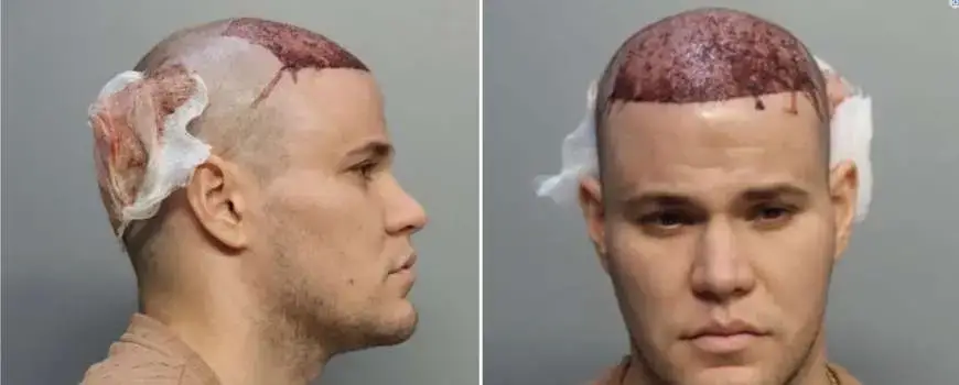 Homme saignant de la tête après une greffe de cheveux